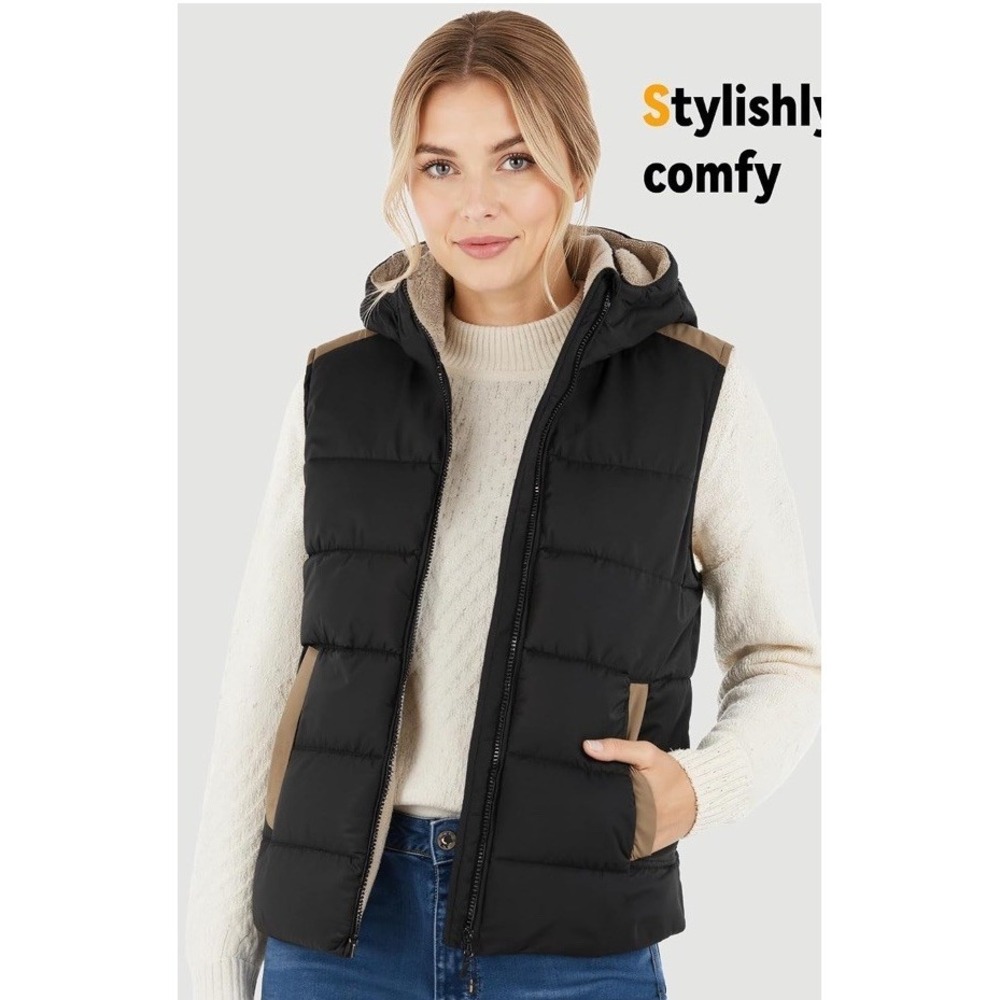 MNZZ Heated Vest Black Sz S Rechargeable Power Bank Sleeveless Faux Fur Lined